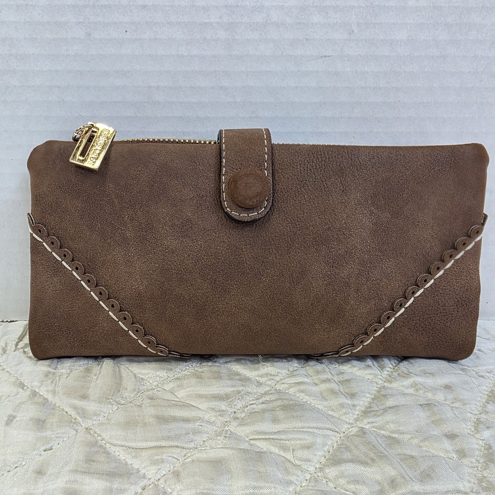Brown Women's Zip-Top Wallet Clutch Faux Suede